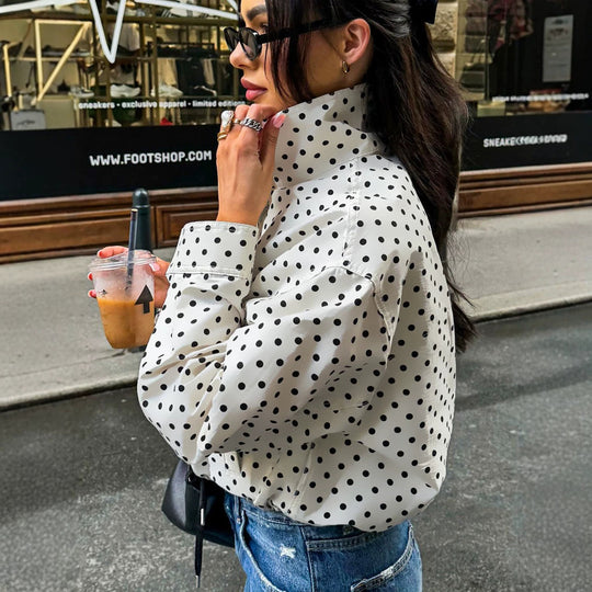 Damen Gepunktete Oversize-Bomberjacke aus leichtem Baumwollmix mit Stehkragen und Reißverschluss Shop Nory