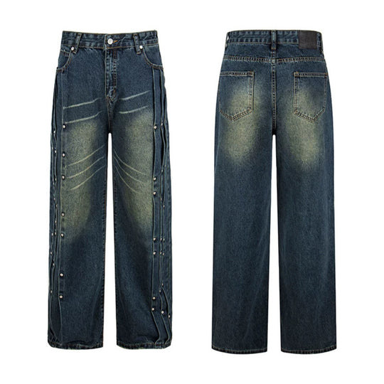 Damen Weite Denim-Jeans mit Druckknopf-Seitenleisten, hoher Taille und Used-Waschung Shop Nory