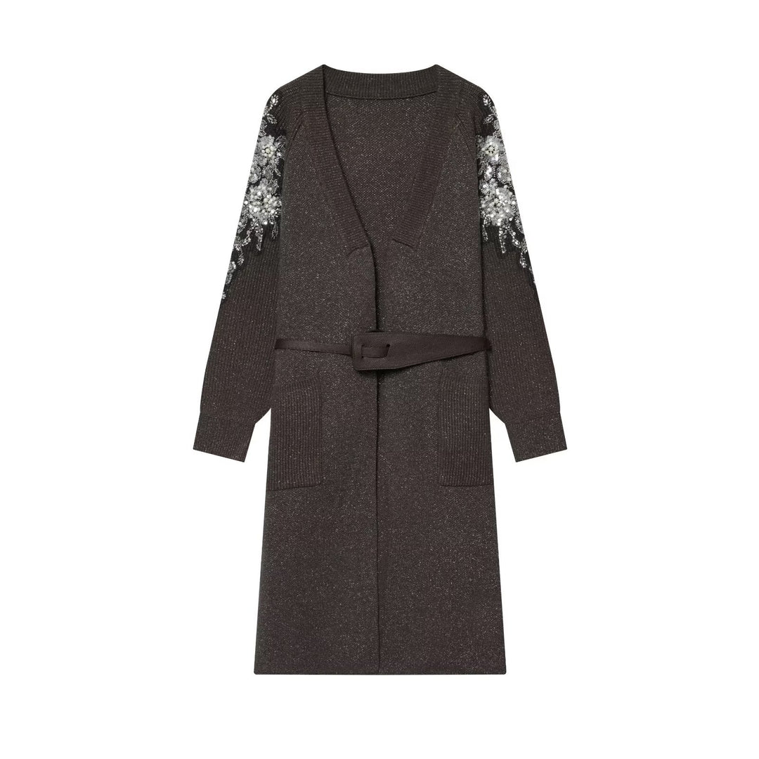 Damen Lange Strickmantel-Cardigan mit Taillengürtel und Paillettenärmeln Shop Nory