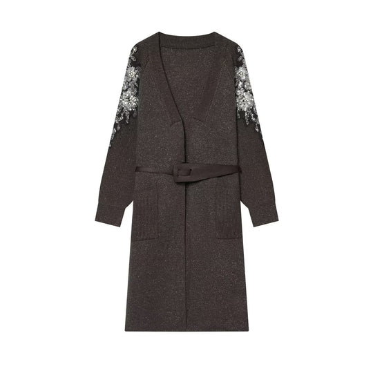 Damen Lange Strickmantel-Cardigan mit Taillengürtel und Paillettenärmeln Shop Nory