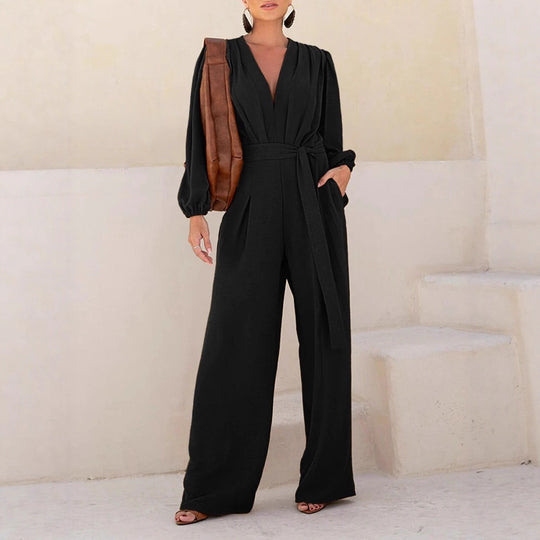 Damen Eleganter Palazzo-Jumpsuit mit tiefem V‑Ausschnitt, Bindegürtel und Ballonärmeln Shop Nory