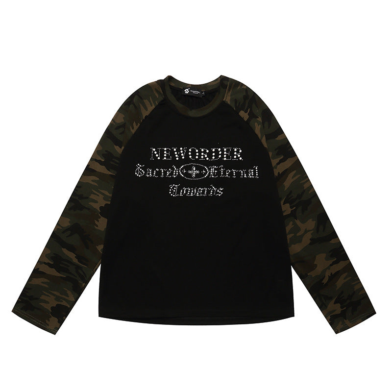 Damen Langarmshirt mit Camouflage‑Raglanärmeln und Strass‑Logoprint Shop Nory