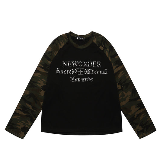 Damen Langarmshirt mit Camouflage‑Raglanärmeln und Strass‑Logoprint Shop Nory
