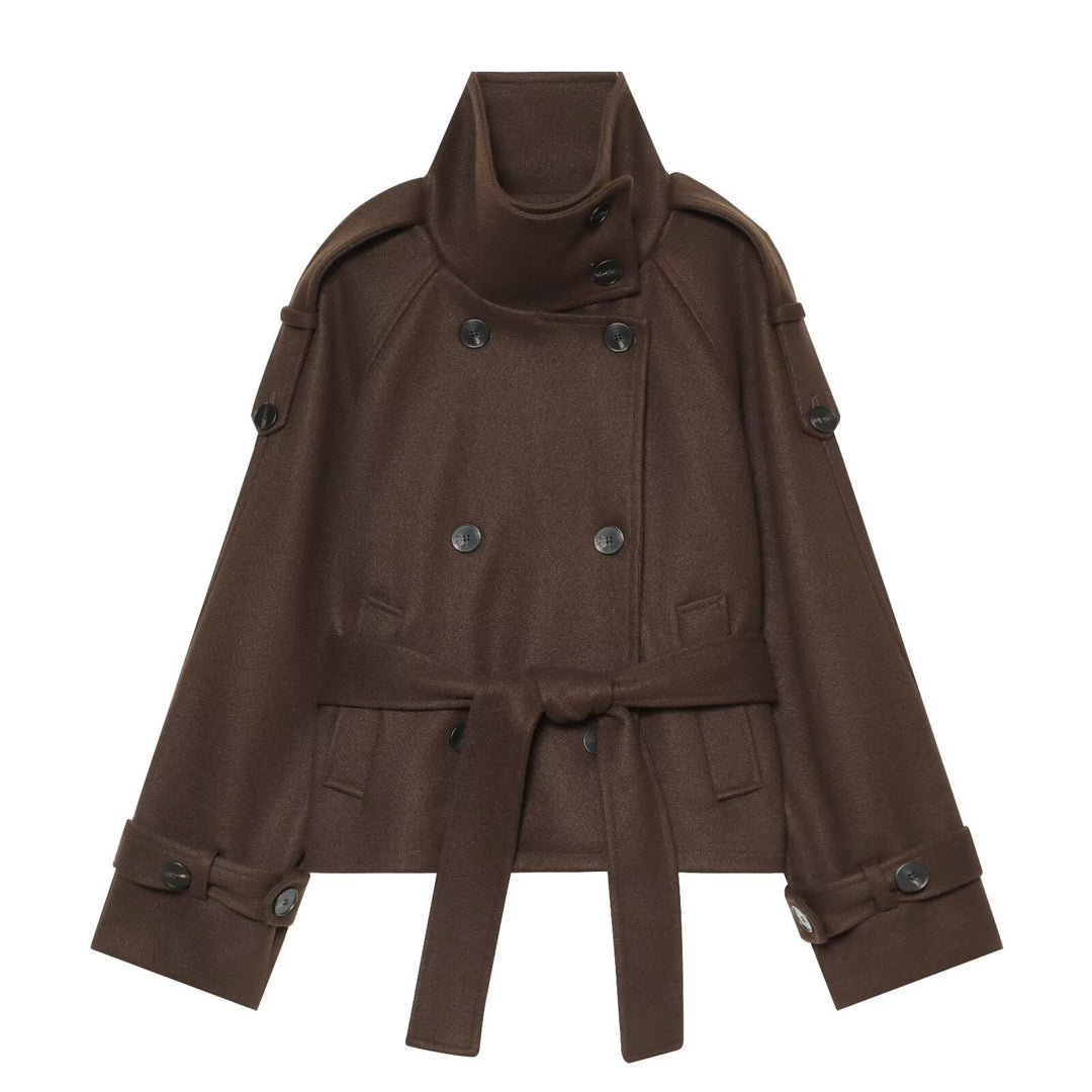 Damen Kurze Capejacke aus Wollmix mit hohem Stehkragen, Doppelreihe und Bindegürtel Shop Nory
