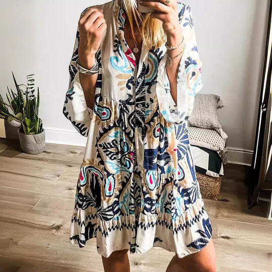 Damen Lässiges Stufenkleid mit Tellerrock und Trompetenärmeln Shop Nory