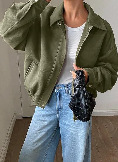 Damen Kurz geschnittene Oversize Bomberjacke mit Reißverschluss und Hemdkragen Shop Nory