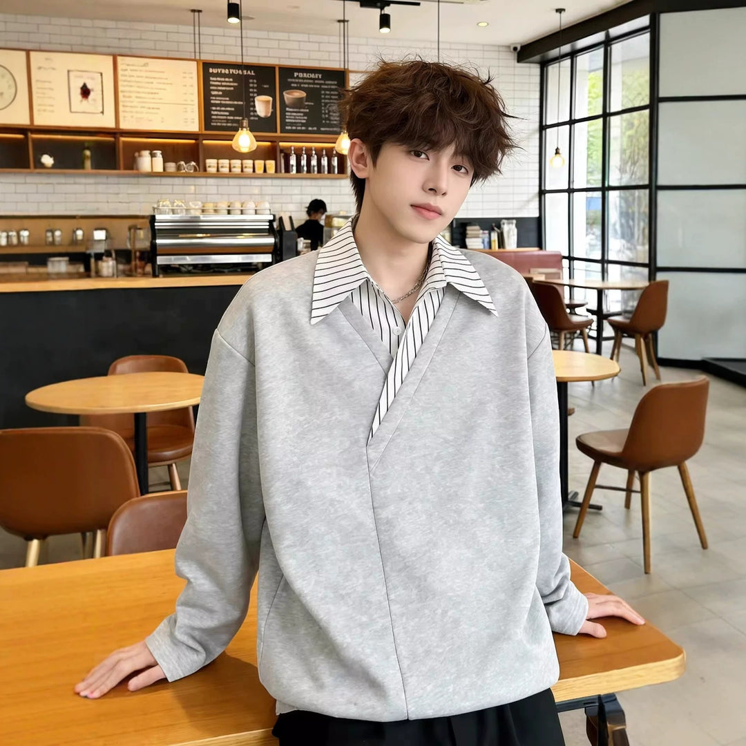 Herren Oversize Pullover mit eingearbeitetem Hemdkragen und V‑Overlap Shop Nory