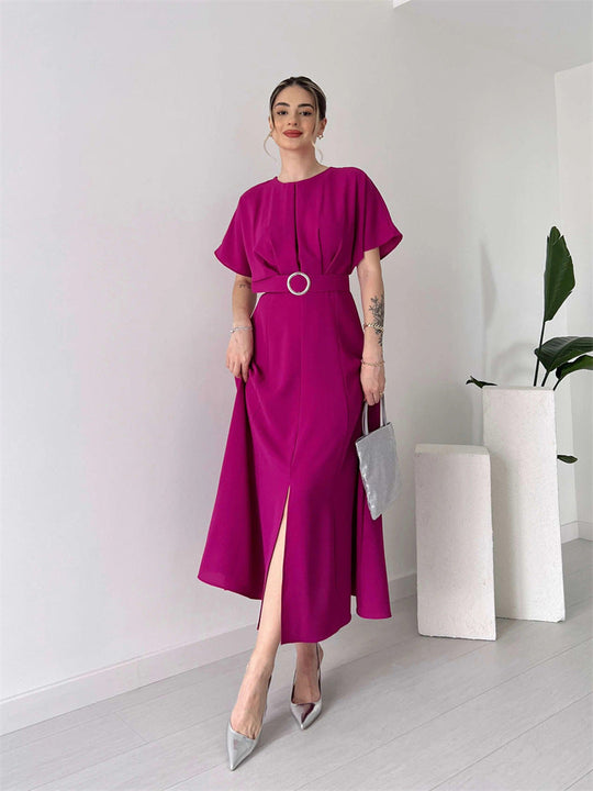 Damen Maxikleid mit Taillengürtel und puffärmeln Shopnory