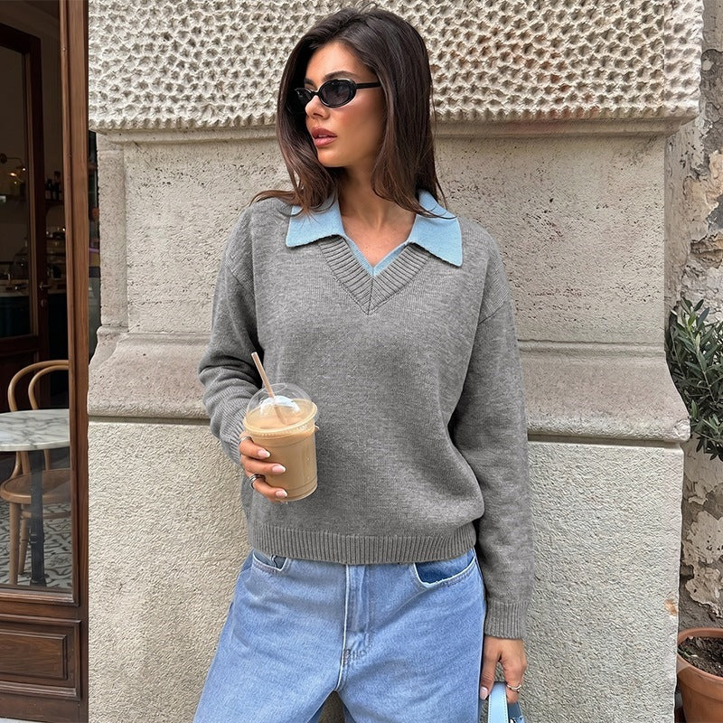 Damen Feinstrick-Polo-Pullover mit kontrastierendem Hemdkragen und V-Ausschnitt Shop Nory