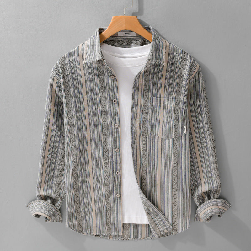 Herren Leichtes gestreiftes Baumwoll-Leinenhemd im Ethno-Streifen-Muster Shop Nory