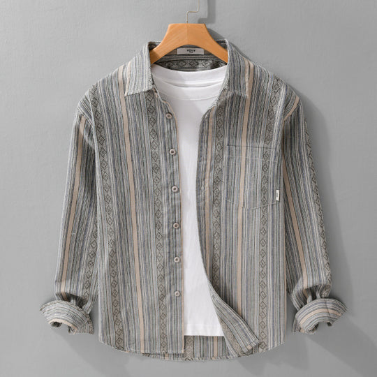 Herren Leichtes gestreiftes Baumwoll-Leinenhemd im Ethno-Streifen-Muster Shop Nory