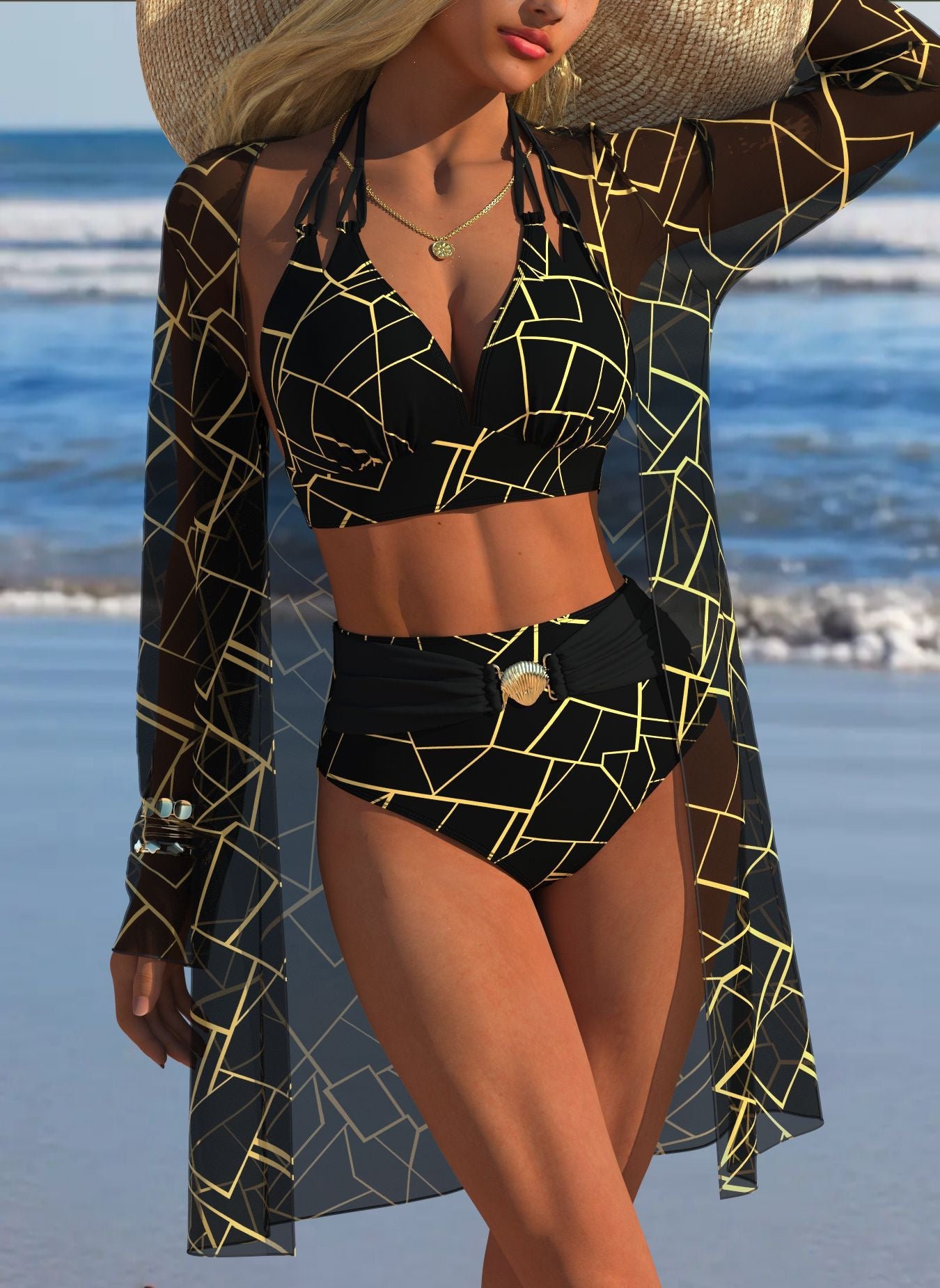 Damen Bikini-Set mit kreativem geometrischen Design und hohem Bund