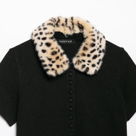 Damen Kurzarm-Feinstrickcardigan mit abnehmbarem Kunstfell-Kragen im Leopardenmuster Shop Nory