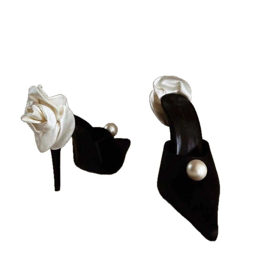 Damen spitze Satin-Flower Stiletto-Mules mit Perlenapplikation Shop Nory