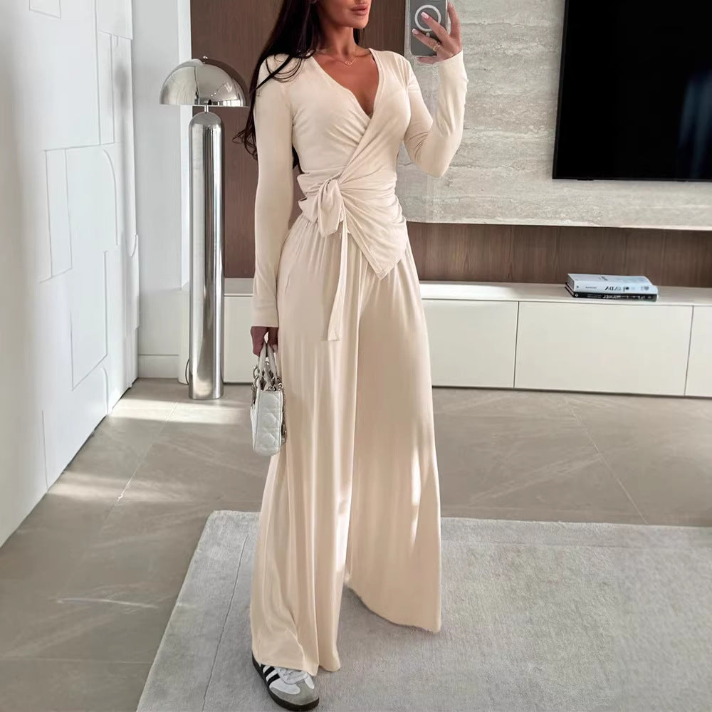 Damen Wickel-Jersey-Maxikleid mit V-Ausschnitt, Taillenband und weitem Palazzo-Rock Shop Nory