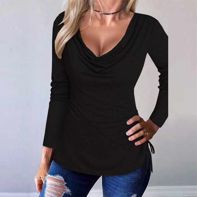 Damen Langarmshirt mit Wasserfallausschnitt, taillierter Wickel-Optik und seitlicher Bindung Shop Nory