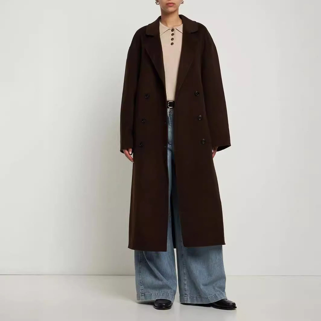 Damen Oversize Zweireihiger Longcoat mit fallender Schultersilhouette und goldenen Zierknöpfen Shop Nory