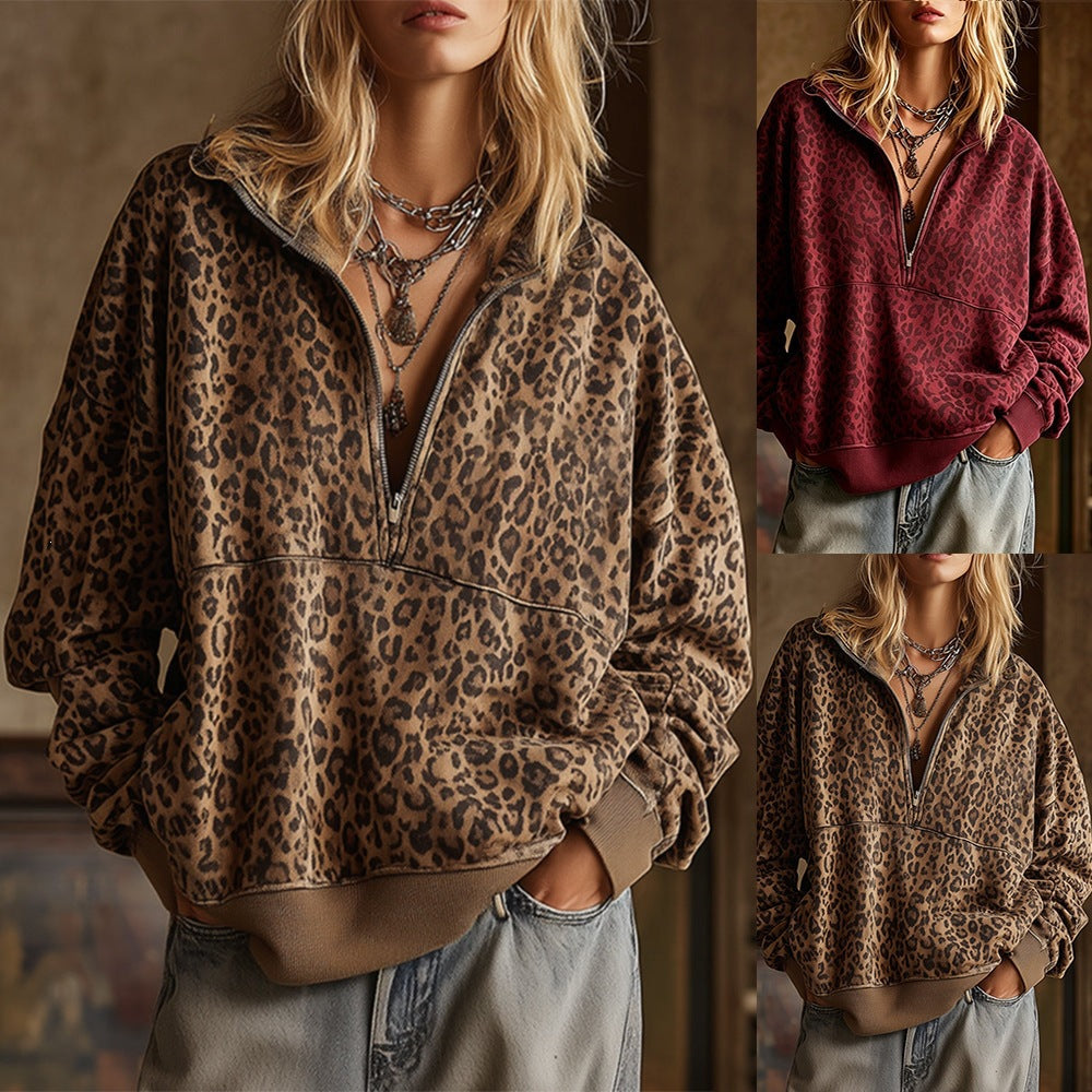 Damen Oversize Sweatshirt mit halbem Reißverschluss und Leo-Print Shop Nory