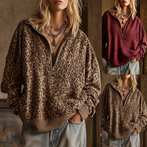 Damen Oversize Sweatshirt mit halbem Reißverschluss und Leo-Print Shop Nory