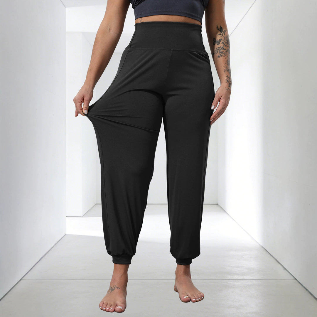 Damen weiche High-Waist Relax-Hose mit weitem Bein, elastischem Komfortbund und gekräuseltem Knöchelabschluss Shopy Nory