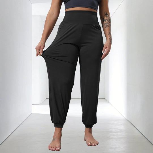 Damen weiche High-Waist Relax-Hose mit weitem Bein, elastischem Komfortbund und gekräuseltem Knöchelabschluss Shopy Nory