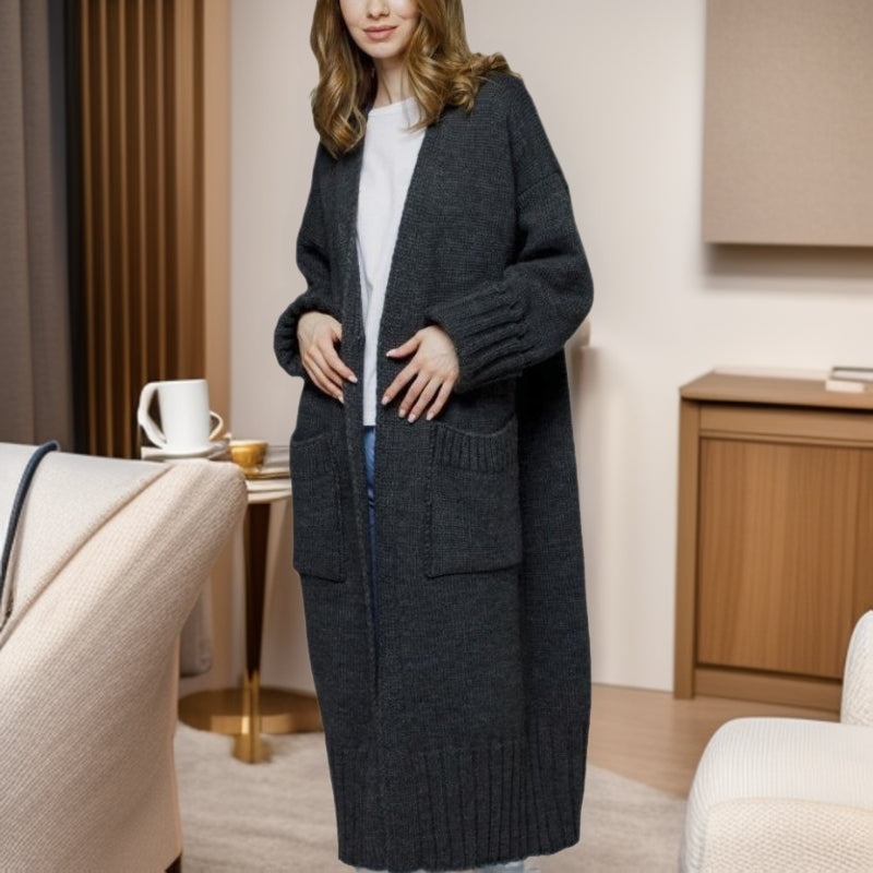 Damen bequemer langer Strickcardigan mit Taschen und breiten Ärmeln