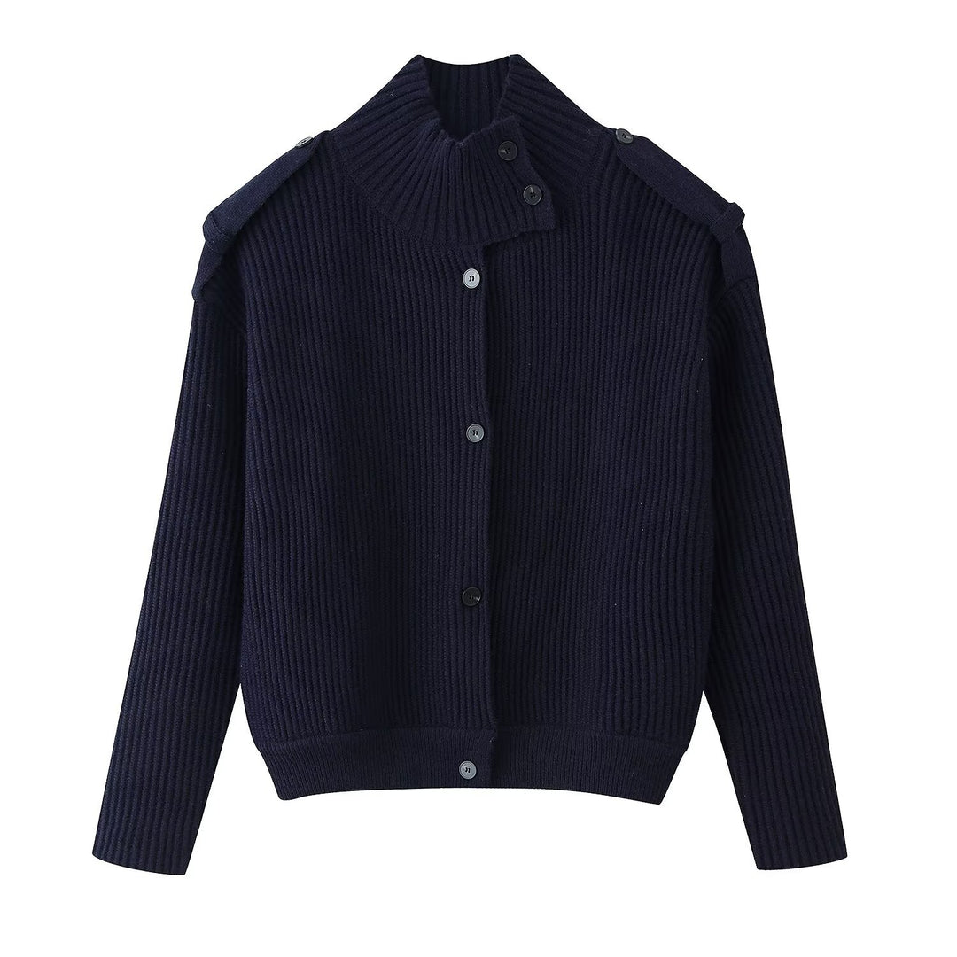 Damen Strukturstrick-Cardigan mit Stehkragen, Knopfleiste und Schulterpatten Shop Nory