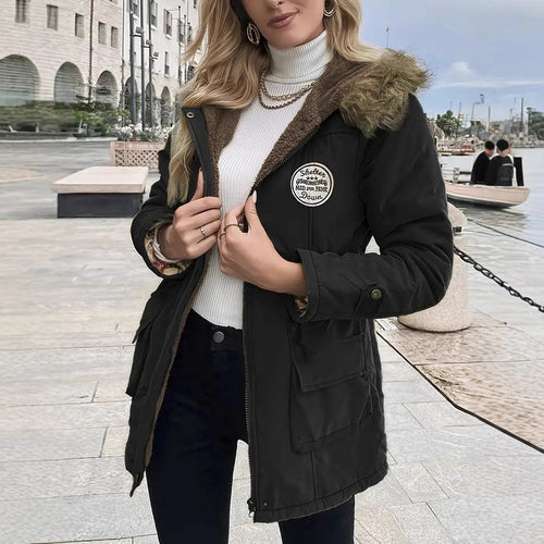 Damen taillierter Parka mit Teddyfutter, Kunstfellkapuze und Multifunktions-Taschen Shop Nory