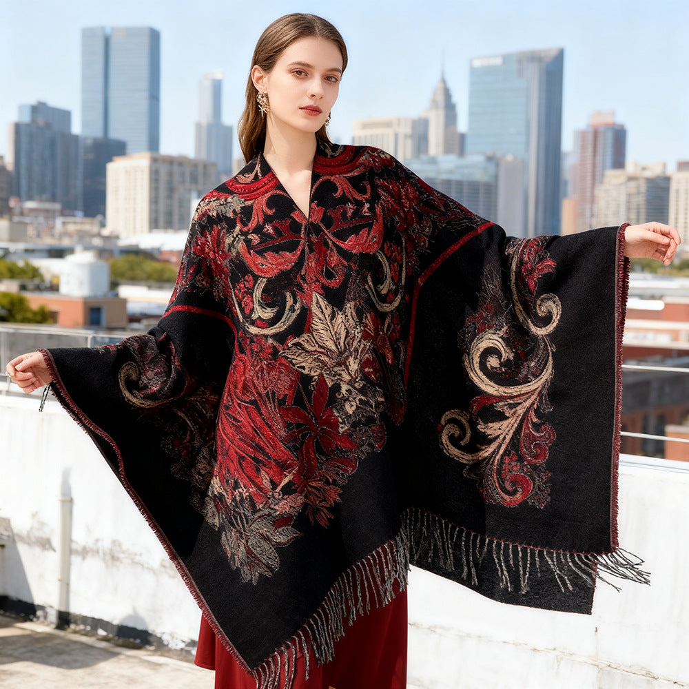 Damen Ornamentaler Jacquard‑Überwurf im Cape‑Stil mit Fransensaum Shop Nory