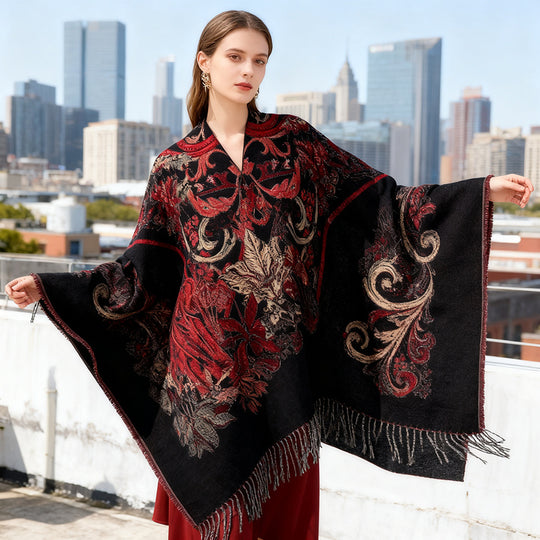 Damen Ornamentaler Jacquard‑Überwurf im Cape‑Stil mit Fransensaum Shop Nory