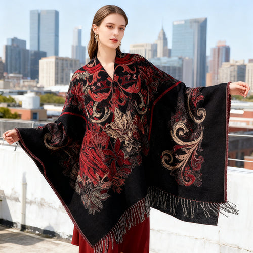 Damen Gefütterter Jacquard-Capeponcho mit floralem Barockmuster und Fransen Shop Nory