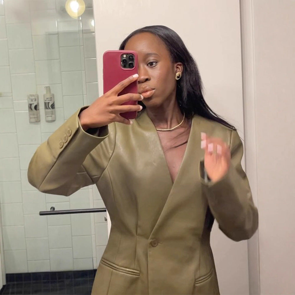 Damen Figurbetonter Lederimitat-Blazer mit einreihiger Knopfleiste und defined Shoulder Shop Nory