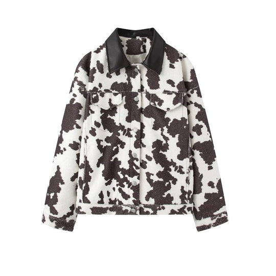Damen Teddy-Truckerjacke mit Kuhfleckenmuster und Kunstlederkragen Shop Nory