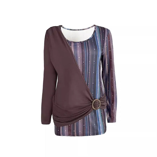 Damen Lagenlook Wickel‑Shirt mit asymmetrischer Drapierung und gestreiftem Unterteil Shop Nory