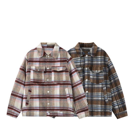 Damen Kurz geschnittene karierte Overshirt‑Jacke aus Wollmix mit Druckknopf‑Front und Pattentaschen Shop Nory