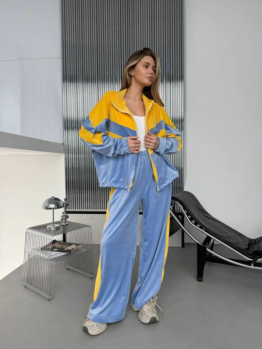 Damen Retro-inspiriertes Samt-Trackset mit Chevron-Design, Stehkragen und weiter High-Waist-Jogger Shop Nory