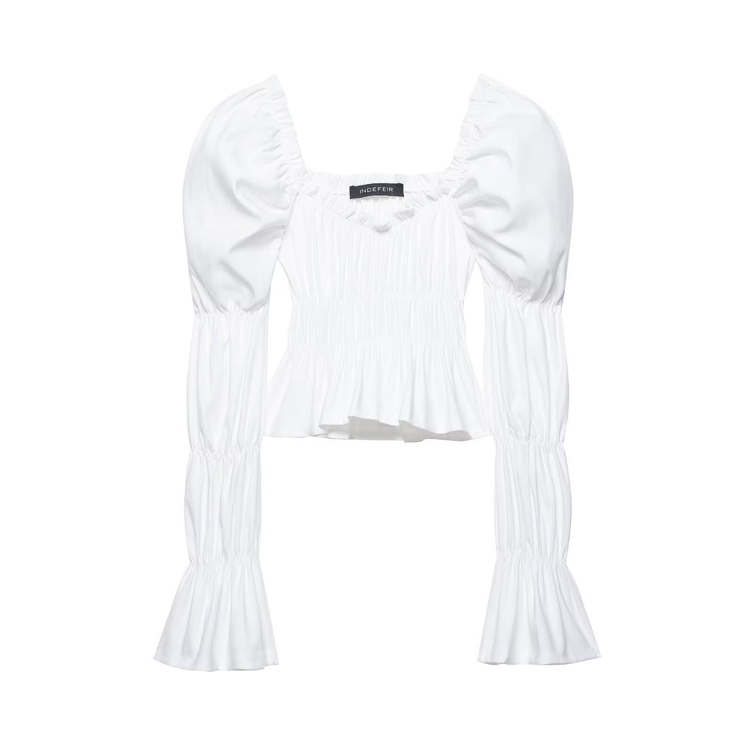 Damen Gerafftes Carmen-Crop-Top mit Puffärmeln, smockierter Taille und Stufenärmeln Shop Nory