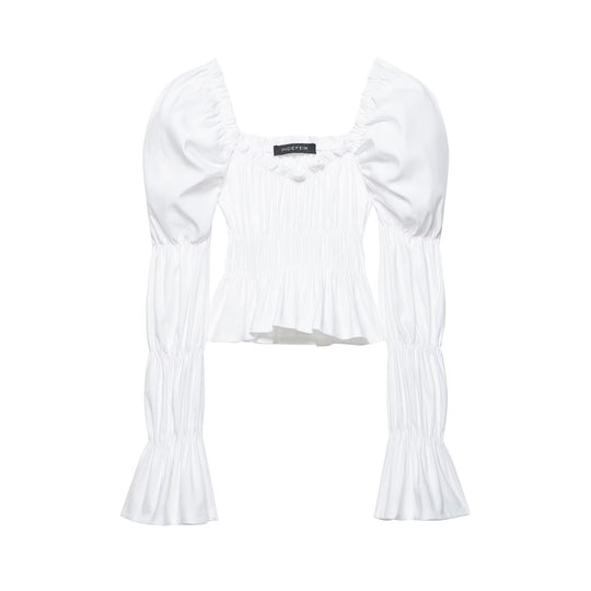 Damen Gerafftes Carmen-Crop-Top mit Puffärmeln, smockierter Taille und Stufenärmeln Shop Nory