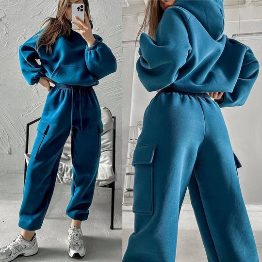 Damen oversized Hoodie mit Kängurutasche und Cargo-Jogginghose Set Shop Nory
