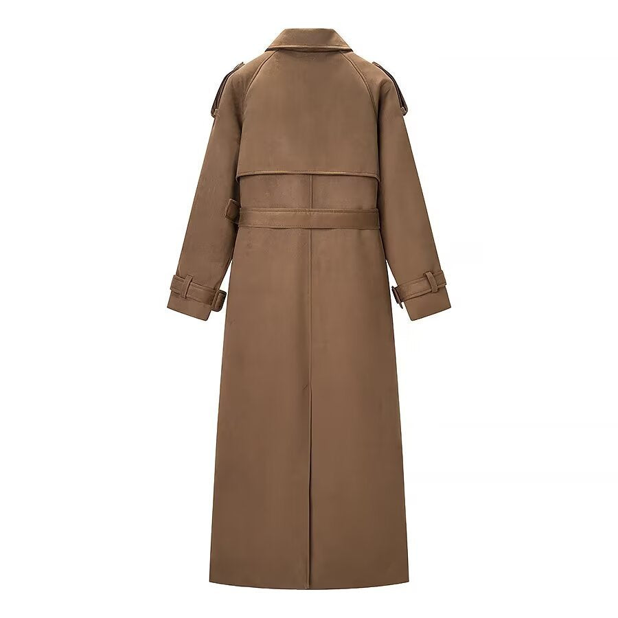 Damen Eleganter langer Taillentrenchcoat mit doppelreihiger Knopfleiste und ausgestelltem Saum Shop Nory