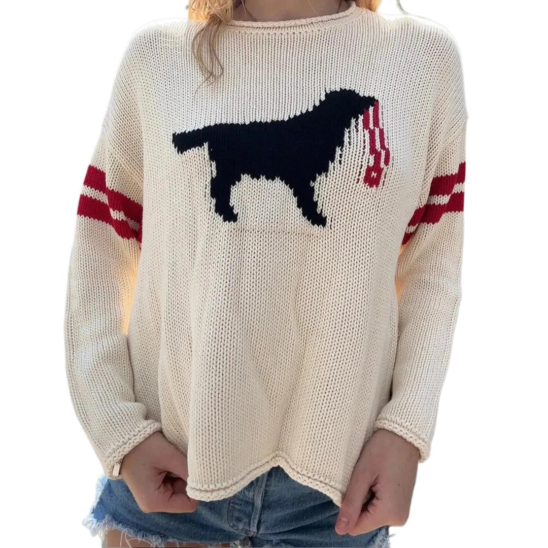 Damen Grobstrickpullover mit Hunde-Jacquard und Sportstreifen Shop Nory