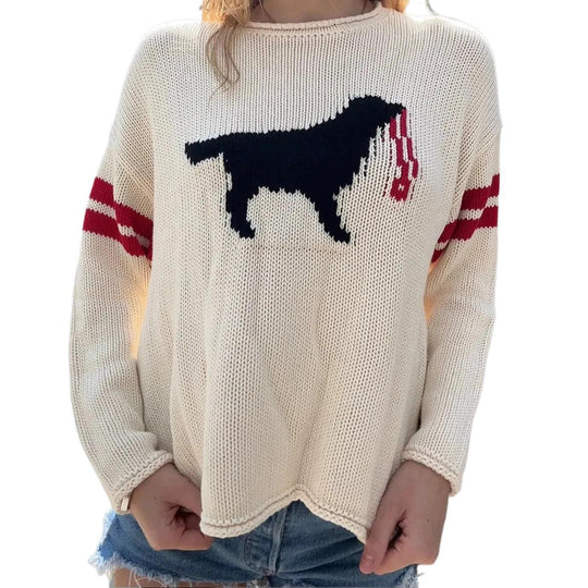 Damen Grobstrickpullover mit Hunde-Jacquard und Sportstreifen Shop Nory