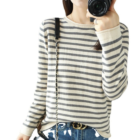 Damen Maritim inspirierter Baumwoll-Feinstrickpullover mit Streifen und leicht kastiger Silhouette Shop Nory