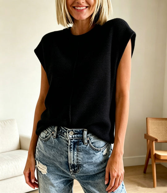Damen Ärmellose Strickweste mit mittiger Naht und geripptem Kragen Shop Nory
