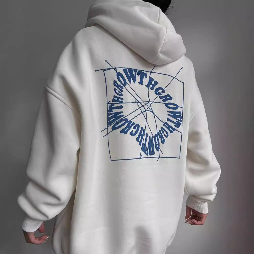Damen Oversized Kapuzenpullover mit abstraktem Rückenprint und gerippten Bündchen Shop Nory