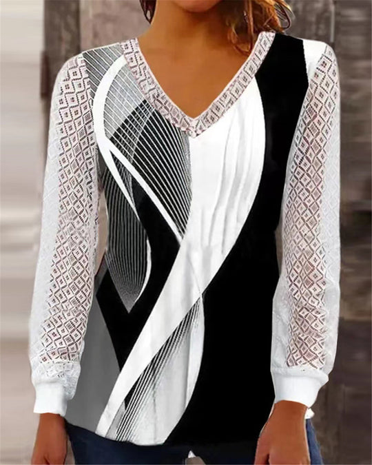 Damen V-Ausschnitt Bluse mit abstraktem Grafikprint und Spitzenärmeln Shop Nory