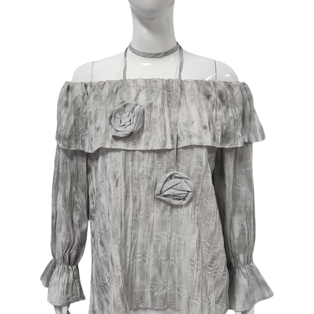 Damen Schulterfreies Crinkle-Blusentop mit Volant, Ballonärmeln und Choker Shop Nory
