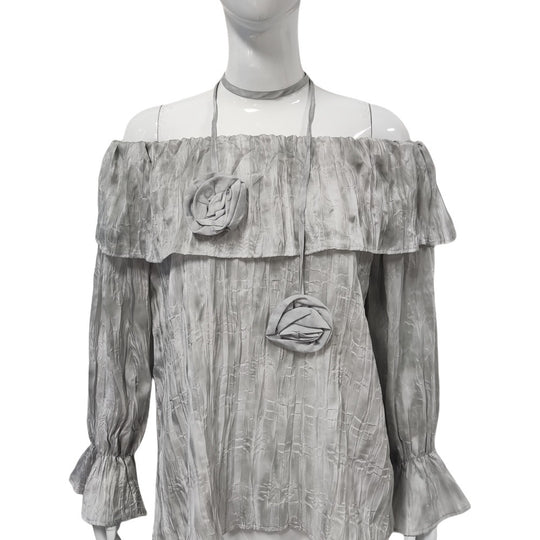 Damen Schulterfreies Crinkle-Blusentop mit Volant, Ballonärmeln und Choker Shop Nory
