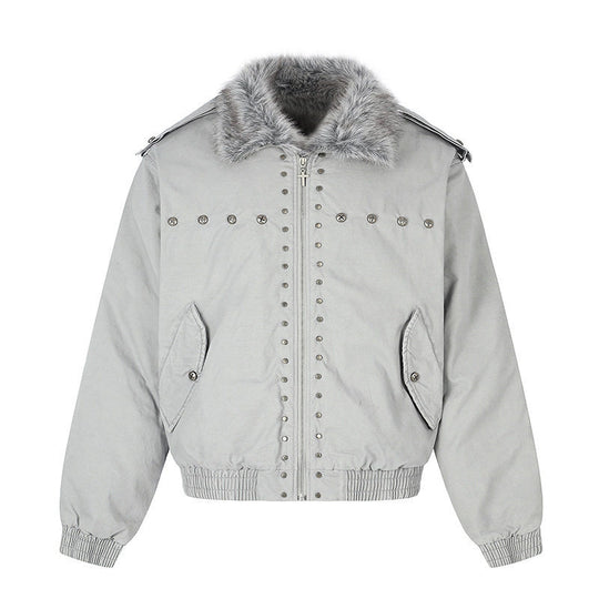 Damen wattierte Bomberjacke mit Kunstfellkragen, Nietenapplikation und Schulterklappen Shop Nory