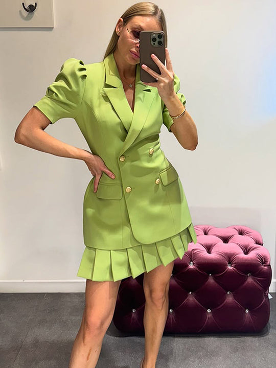 Damen Doppelreihiges Blazerkleid mit Puffärmeln und plissiertem Saum Shop Nory